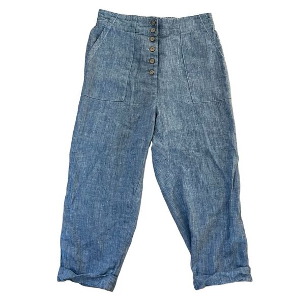 MagicLinen Tapered Leg Button Fly Linen Pants in Blue Melange S NWOT - Picture 2 of 12